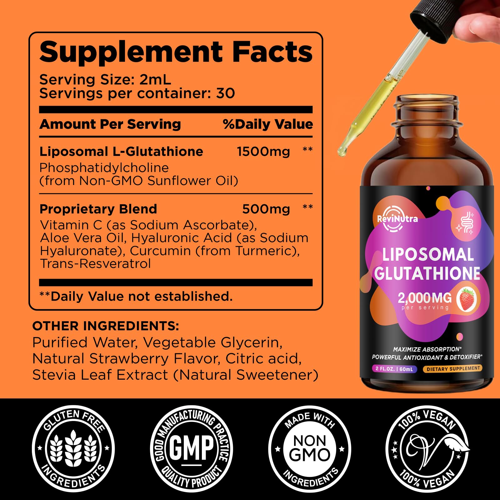 Product packaging and labeling for ReviNutra liposomal glutathione
