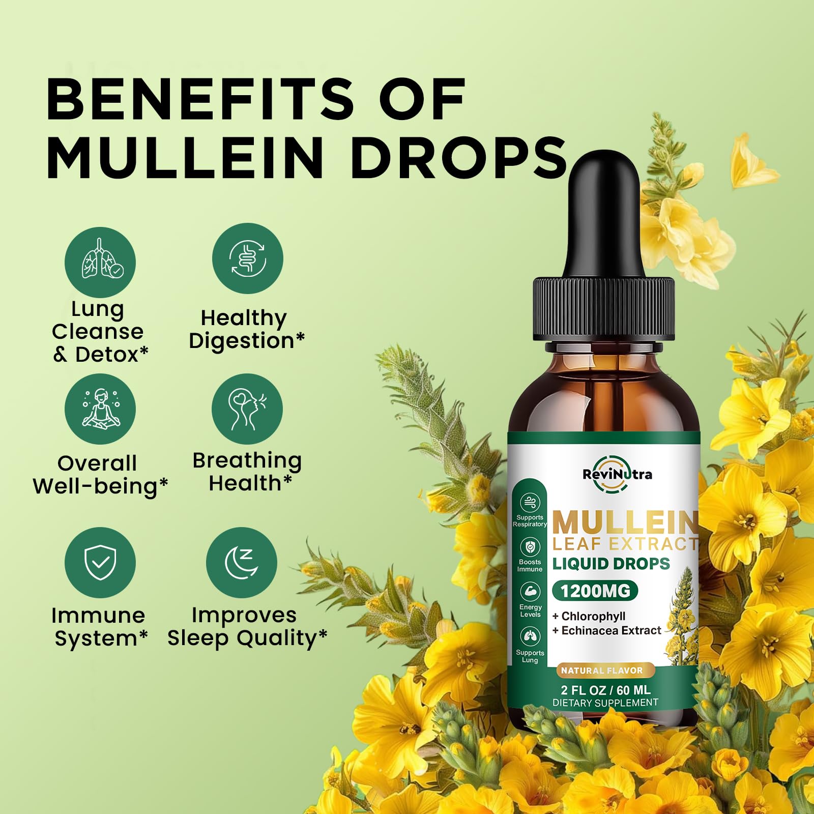 Product label showing 1200mg Mullein Leaf Extract and other ingredients