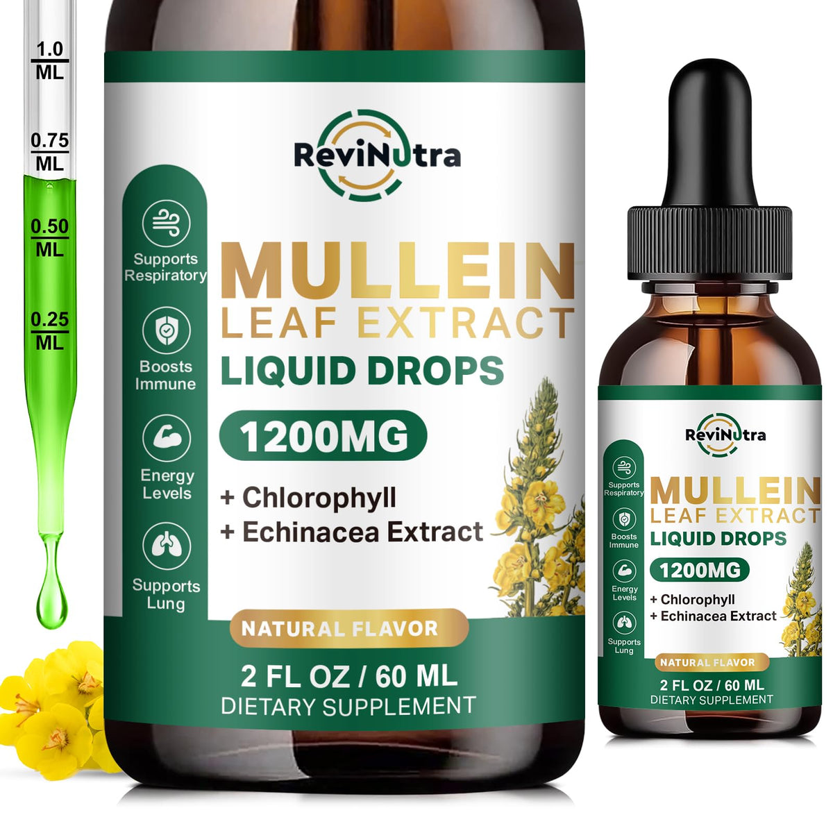 Bottle of ReviNutra Mullein Drops for Lungs against a white background (hero image)