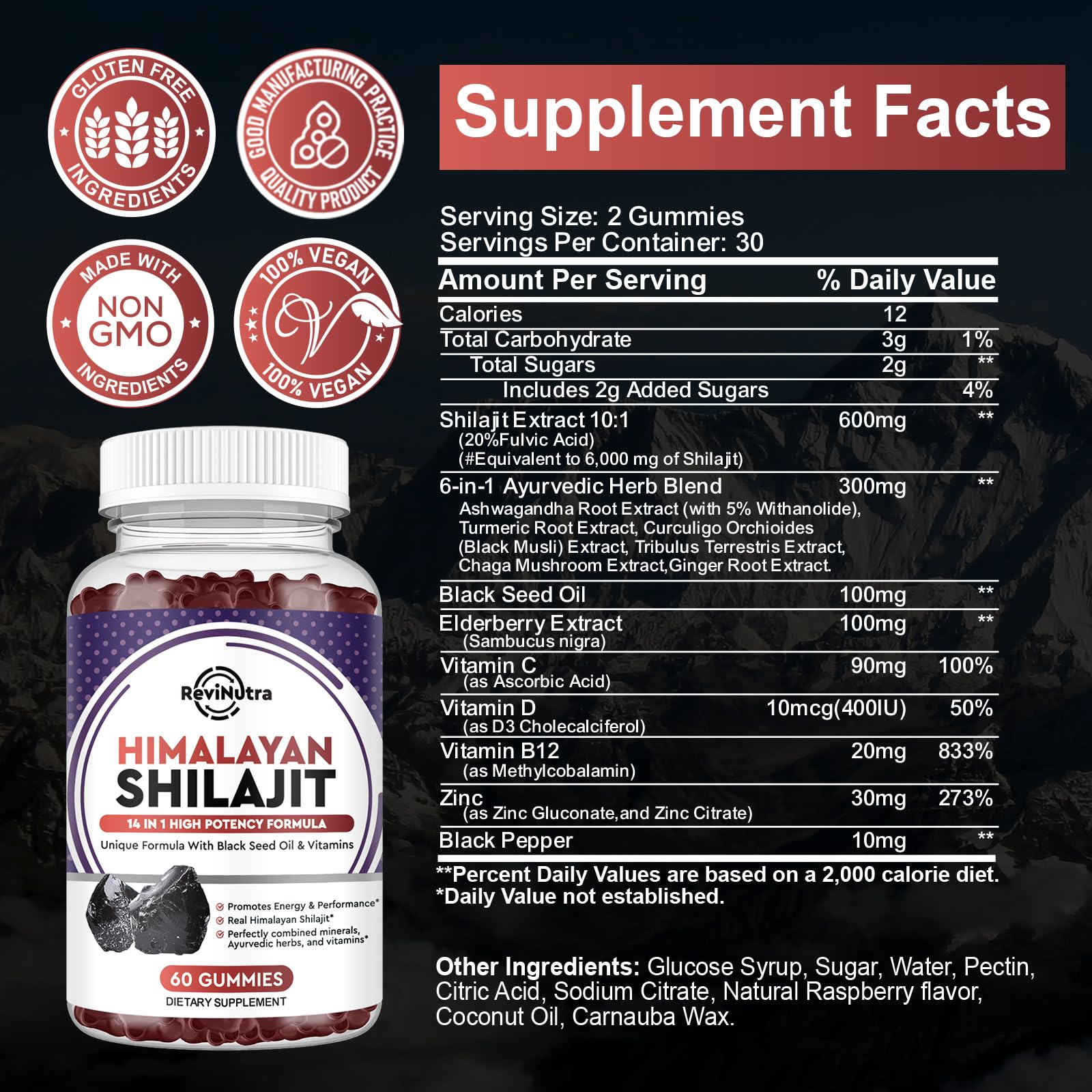Recommended serving of two gummies per day for vitality