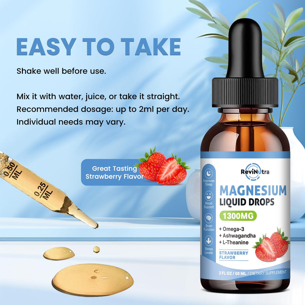 Sugar-free strawberry flavor bottle label for ReviNutra magnesium drops