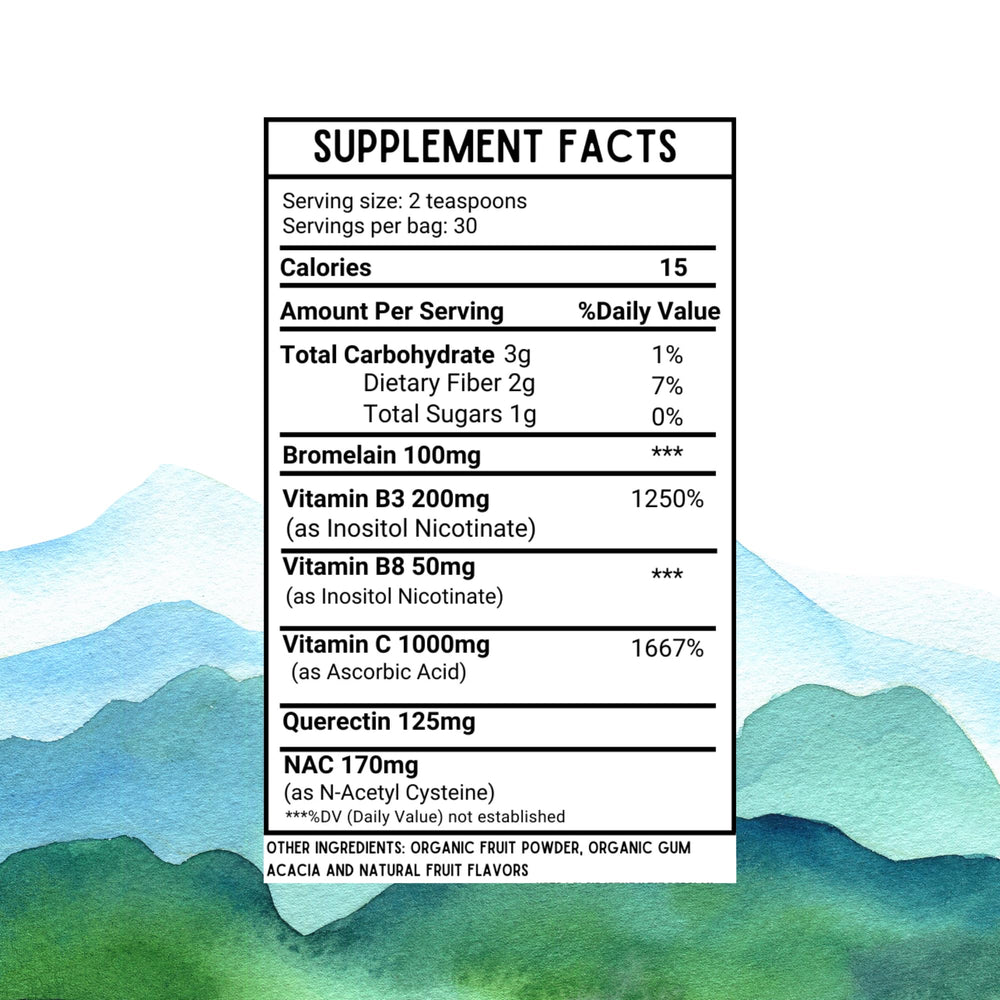Close-up of ingredients on label: Vitamin C, Quercetin, NAC, Bromelain