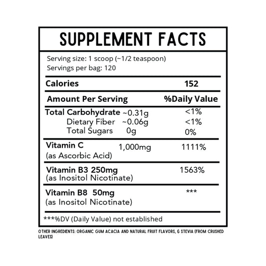 Back label with nutrition facts and ingredients