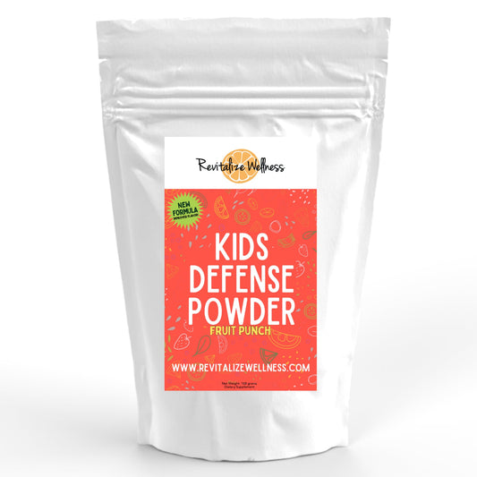 Front view of Revitalize Wellness Kids Defense Powder fruit punch container