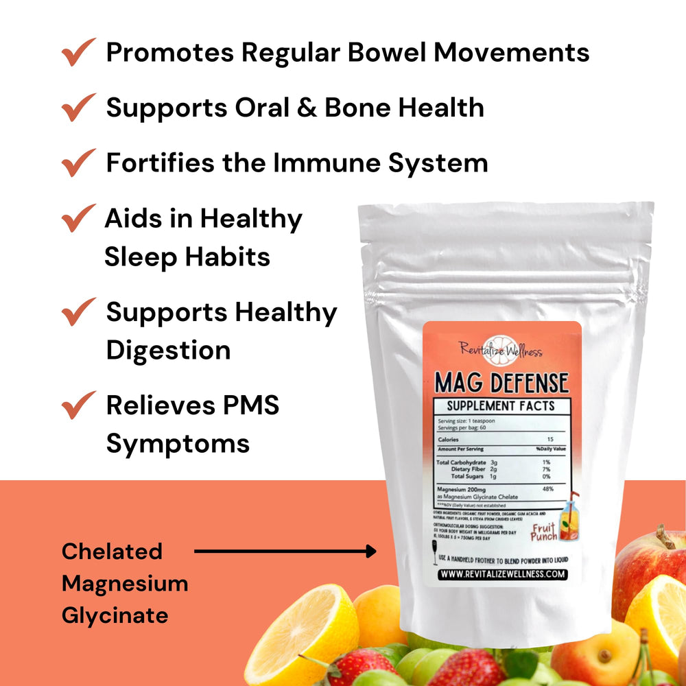 Fruit punch flavored, stevia-sweetened Mag Defense packaging