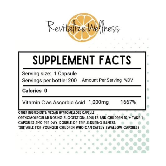 Label showing 1000 mg Vitamin C per capsule