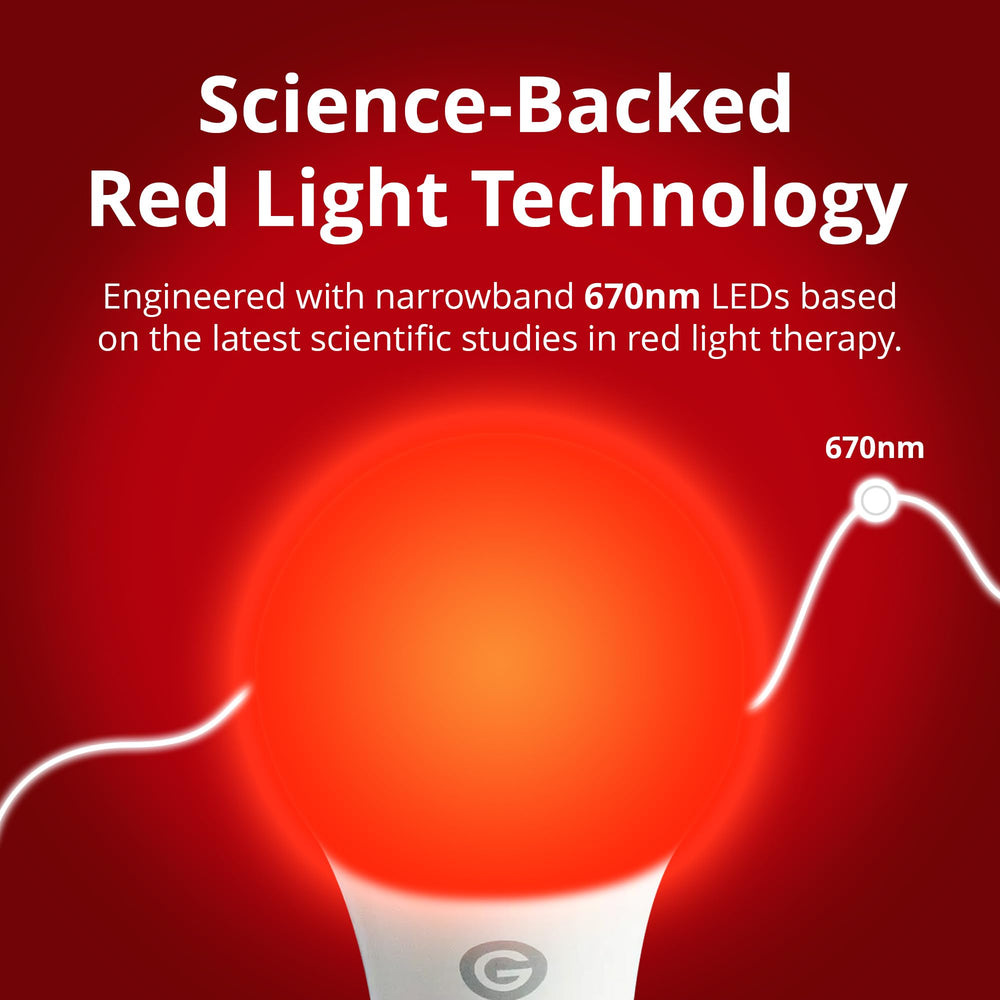 Close-up of the Revive 670nm red light bulb emitting gentle red light