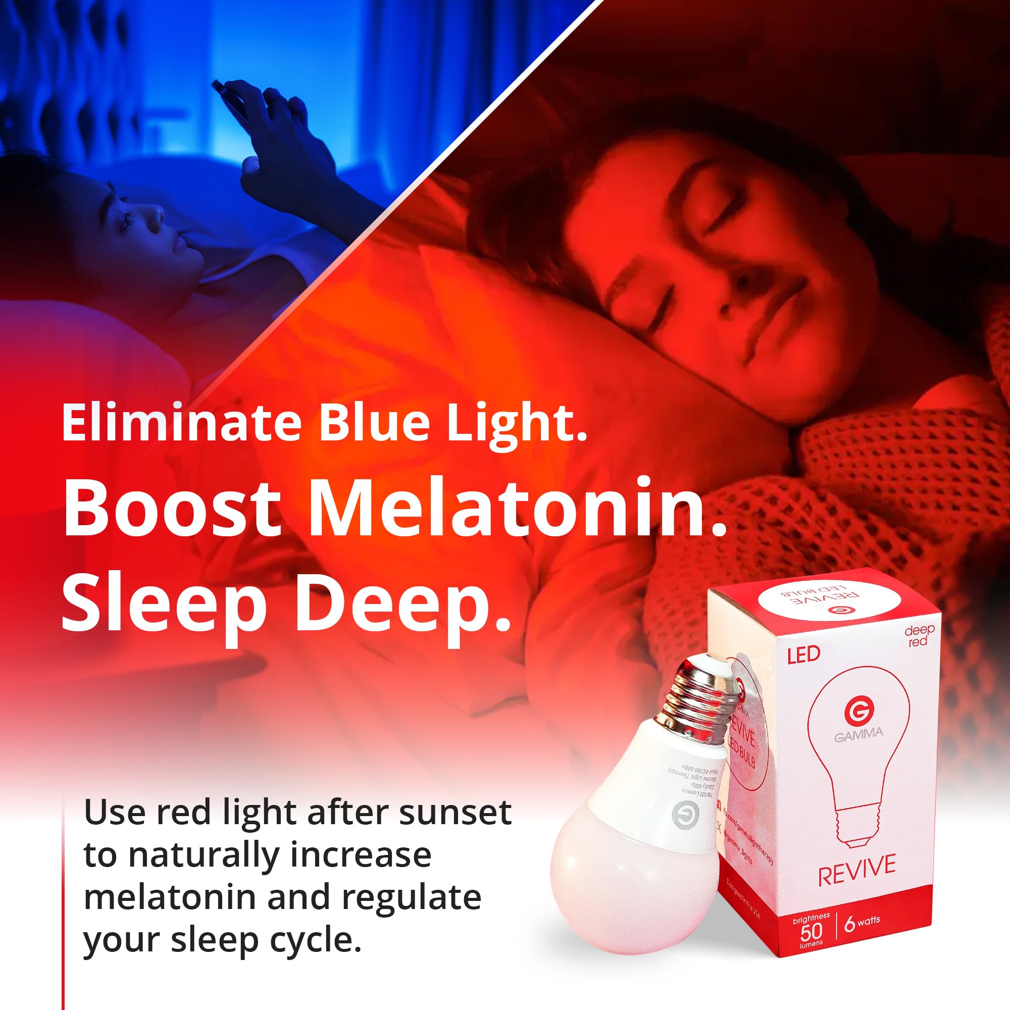 Bedroom scene with Revive red light bulb creating a sunset-like atmosphere