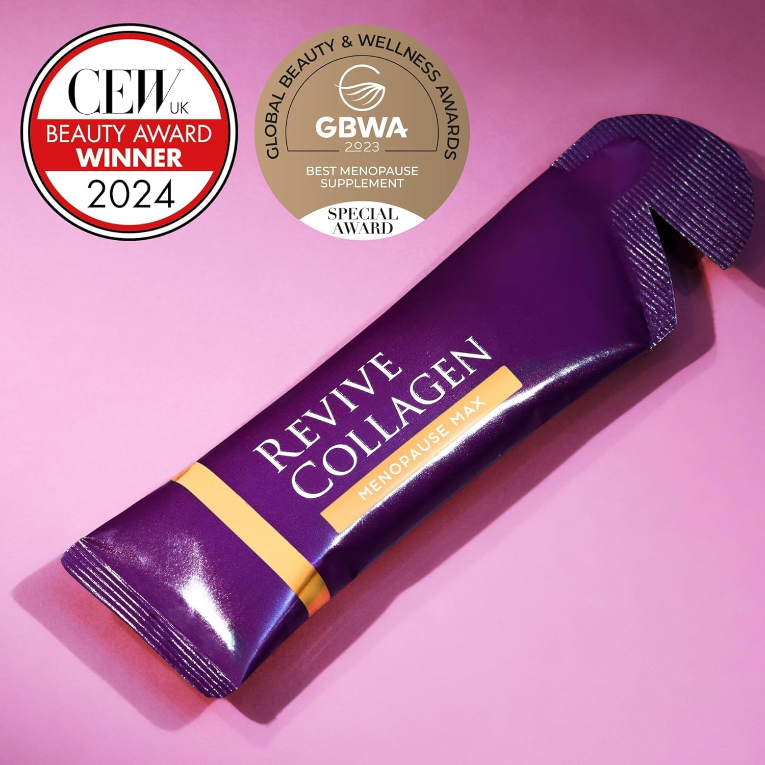 Close-up of Revive Collagen Menopause Drink packaging