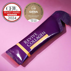 Close-up of Revive Collagen Menopause Drink packaging