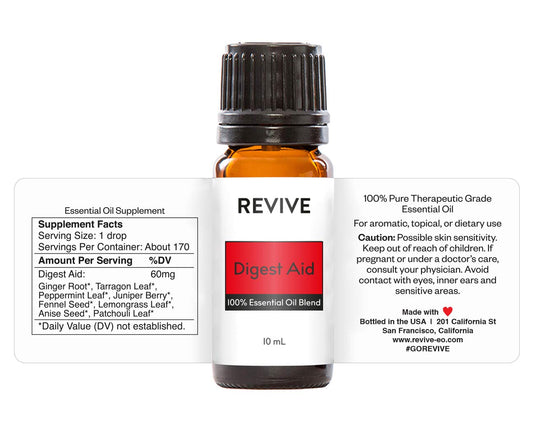 Close-up of Digest Aid ingredients including Tarragon Ginger Peppermint Juniper
