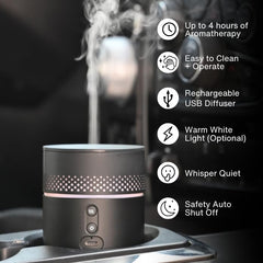 Revive Essential Oils Forte Rechargeable Diffuser close-up shows USB-C power and gentle mist for home or car.