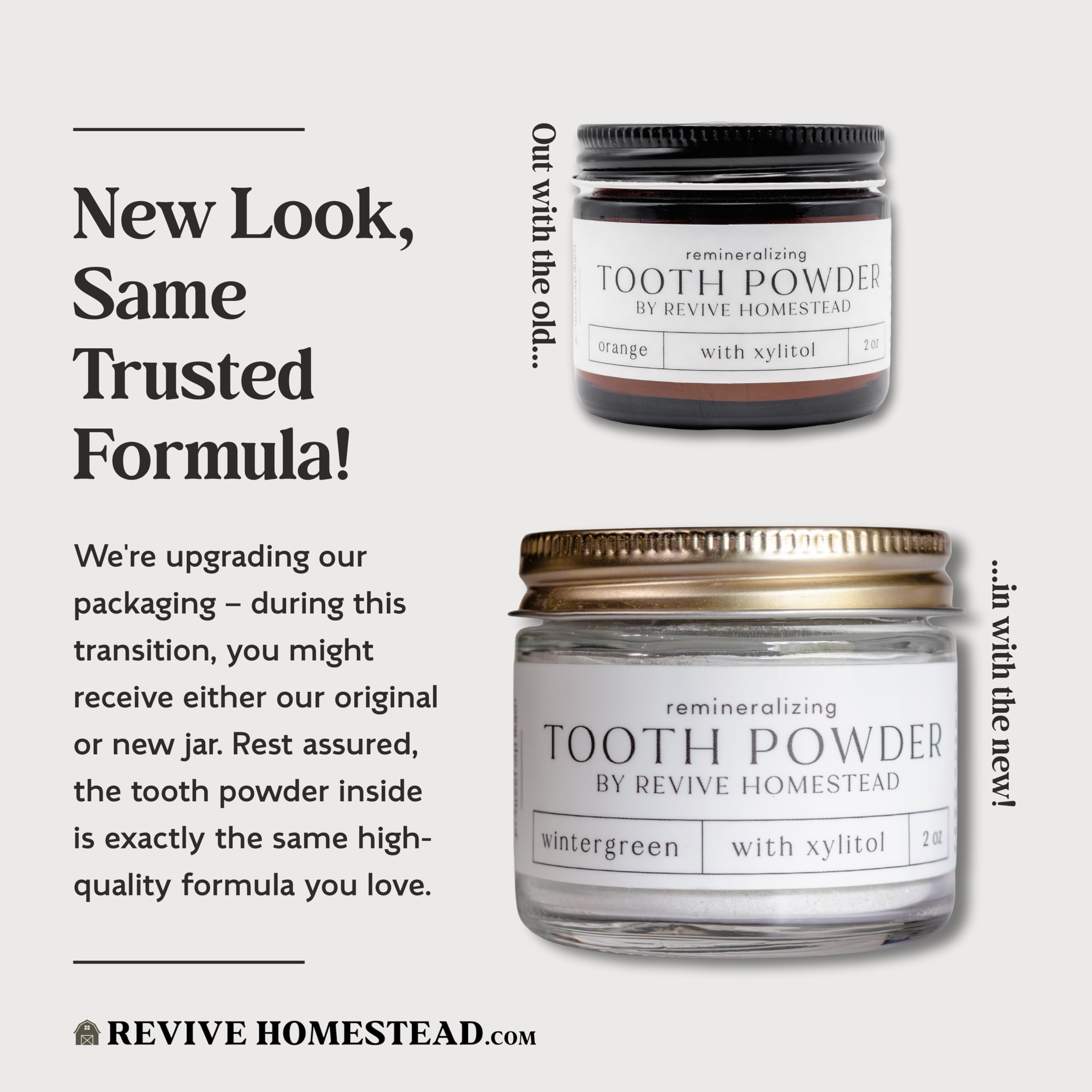 Close-up of Revive Homestead hydroxyapatite tooth powder in amber jar