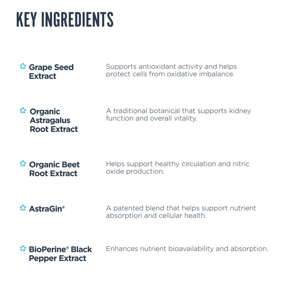 Astragalus, beet root and grape seed ingredients