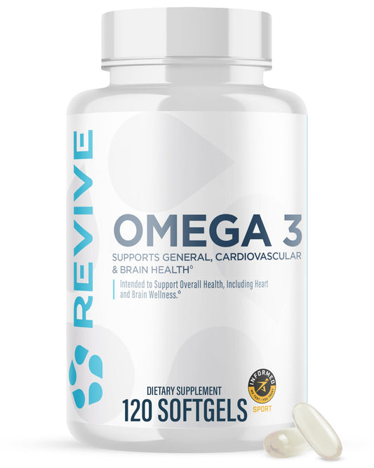 Product bottle and label of Revive MD Omega-3 Fish Oil Softgels