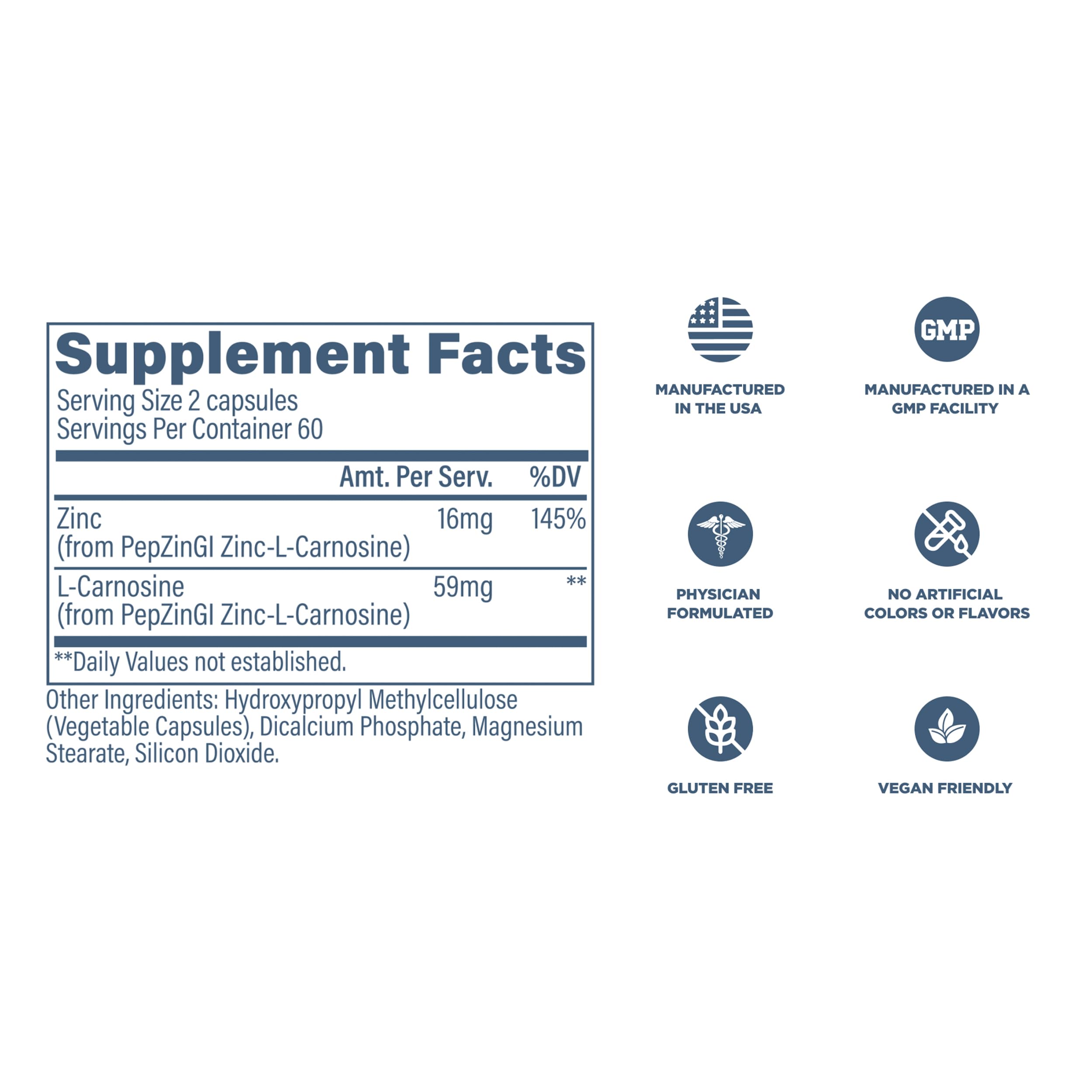 Nutrition facts panel on zinc carnosine bottle