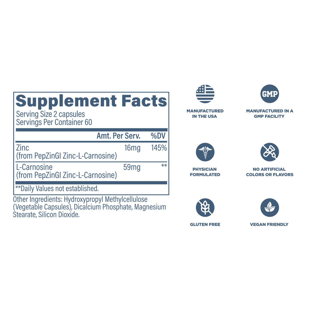 Nutrition facts panel on zinc carnosine bottle