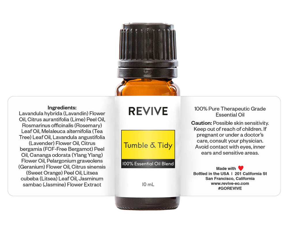 Close-up of REVIVE Tumble & Tidy bottle label