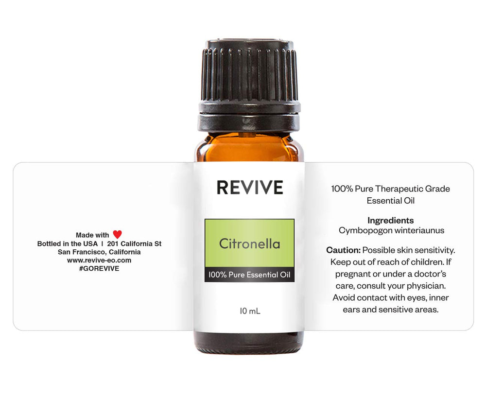 REVIVEEO citronella oil shown with dropper for humidifier diffusion and room freshening.