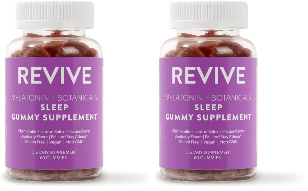 REVIVEEO Melatonin & Botanicals Sleep Gummies bottle with blueberry flavor