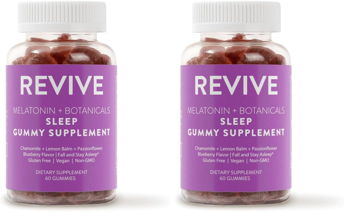 REVIVEEO Melatonin & Botanicals Sleep Gummies bottle with blueberry flavor