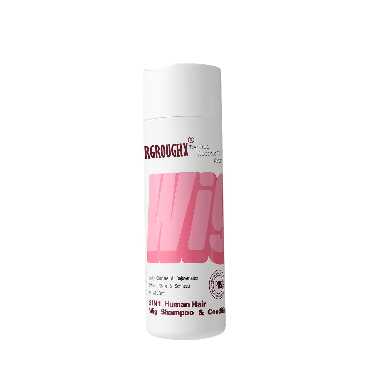 RG ROUGE LX 2-in-1 wig shampoo bottle focusing on tea tree and coconut oil to refresh scalp