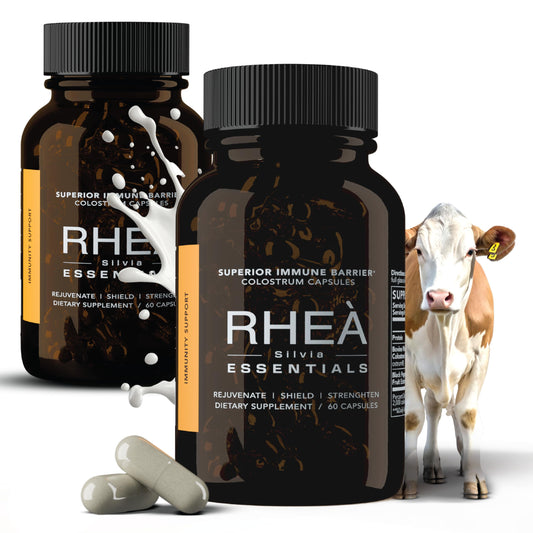 RHEA Essentials Bovine Colostrum bottle with capsules