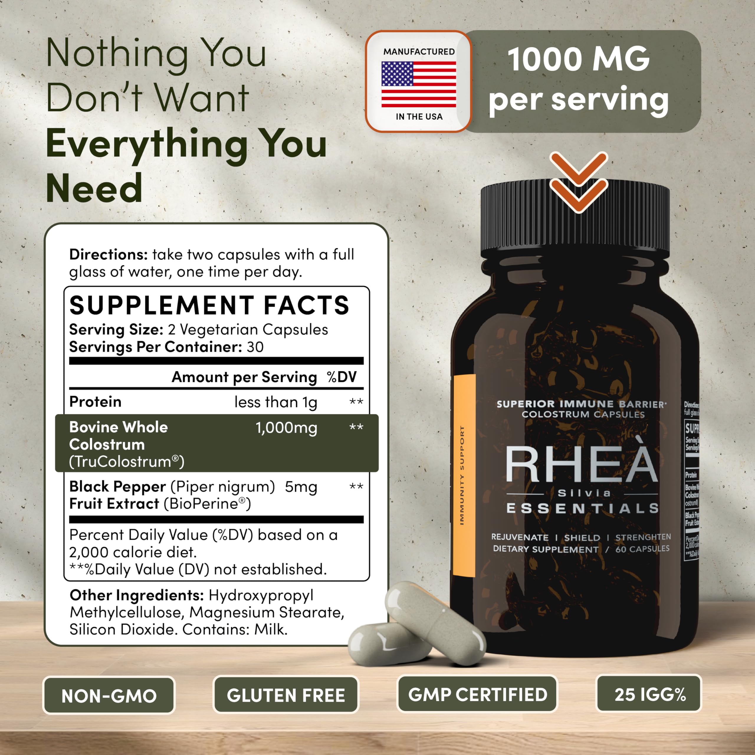 RHEASILVIA lifestyle shot conveys calm and a healthy glow from colostrum