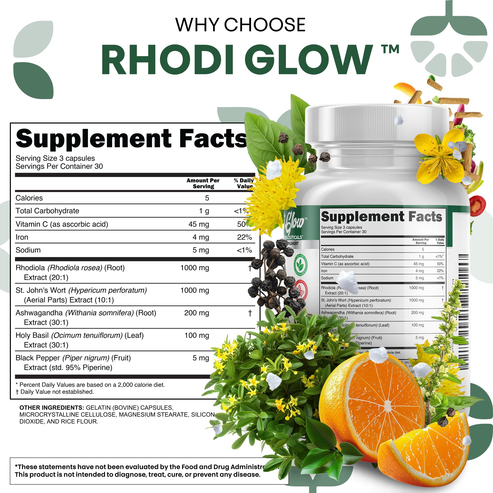 RhodiGlow mood-support bottle back label