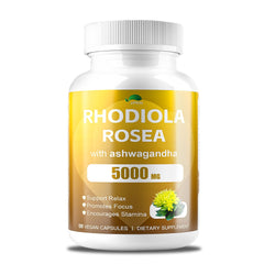 Front view of Rhodiola Rosea with Ashwagandha bottle of 120 capsules