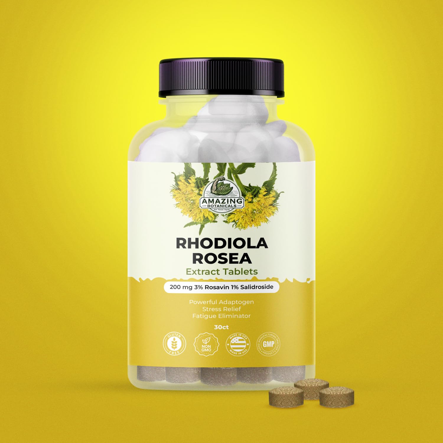 Rhodiola Rosea tablets showing 3% Rosavin and 1% Salidroside