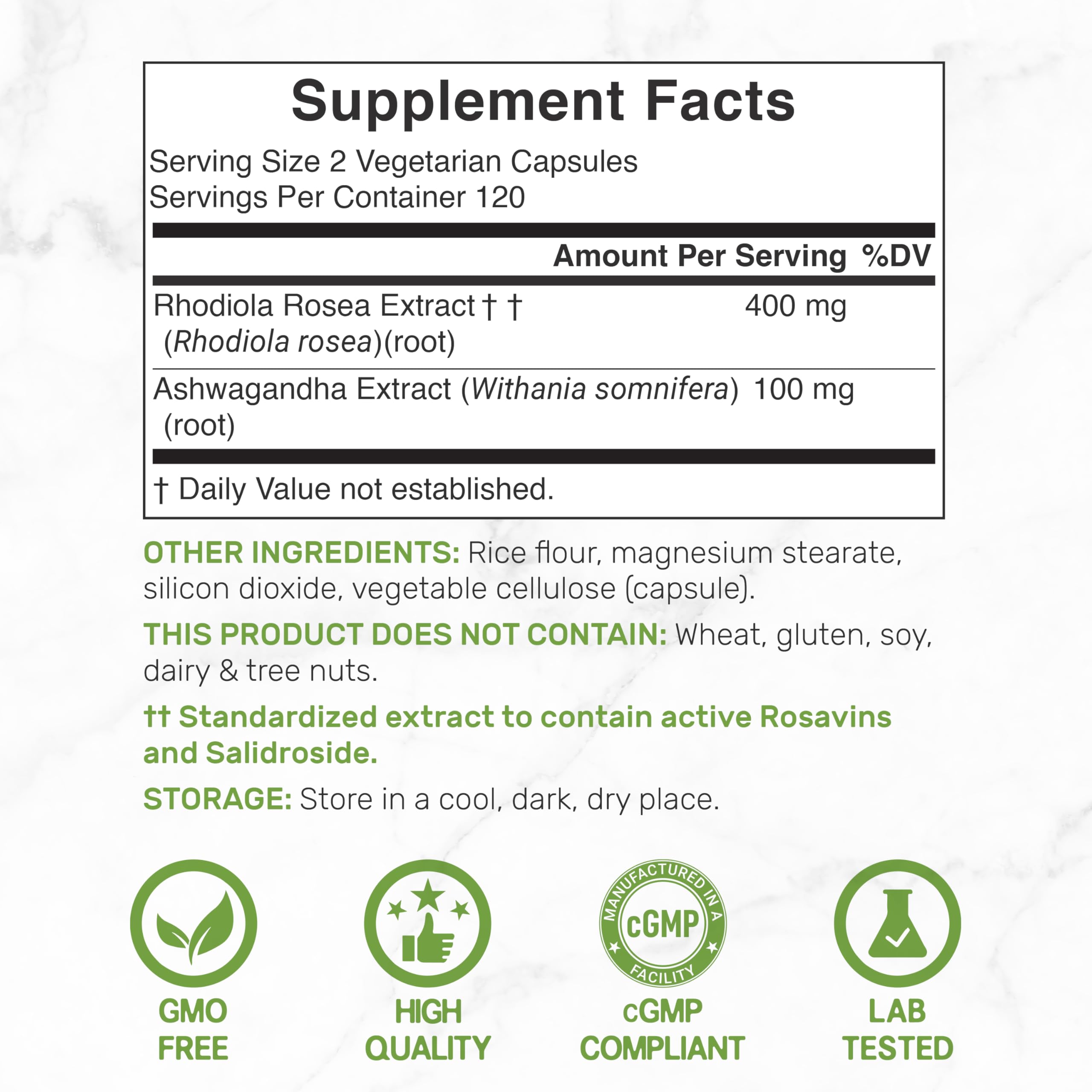 Ingredients panel showing Rhodiola Rosea and Ashwagandha bioactives Rosavins and Salidrosides