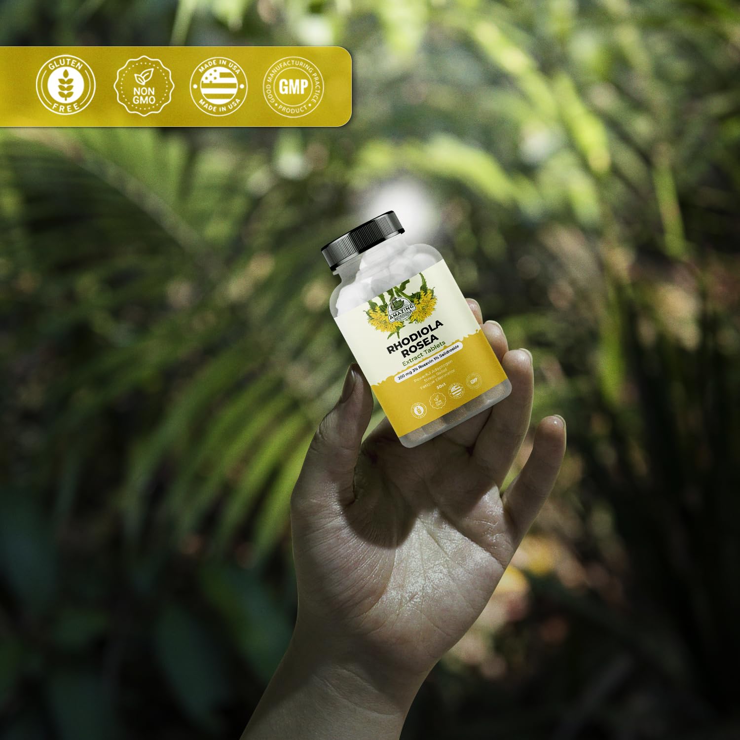 Stand-up bottle of Rhodiola Rosea extract tablets