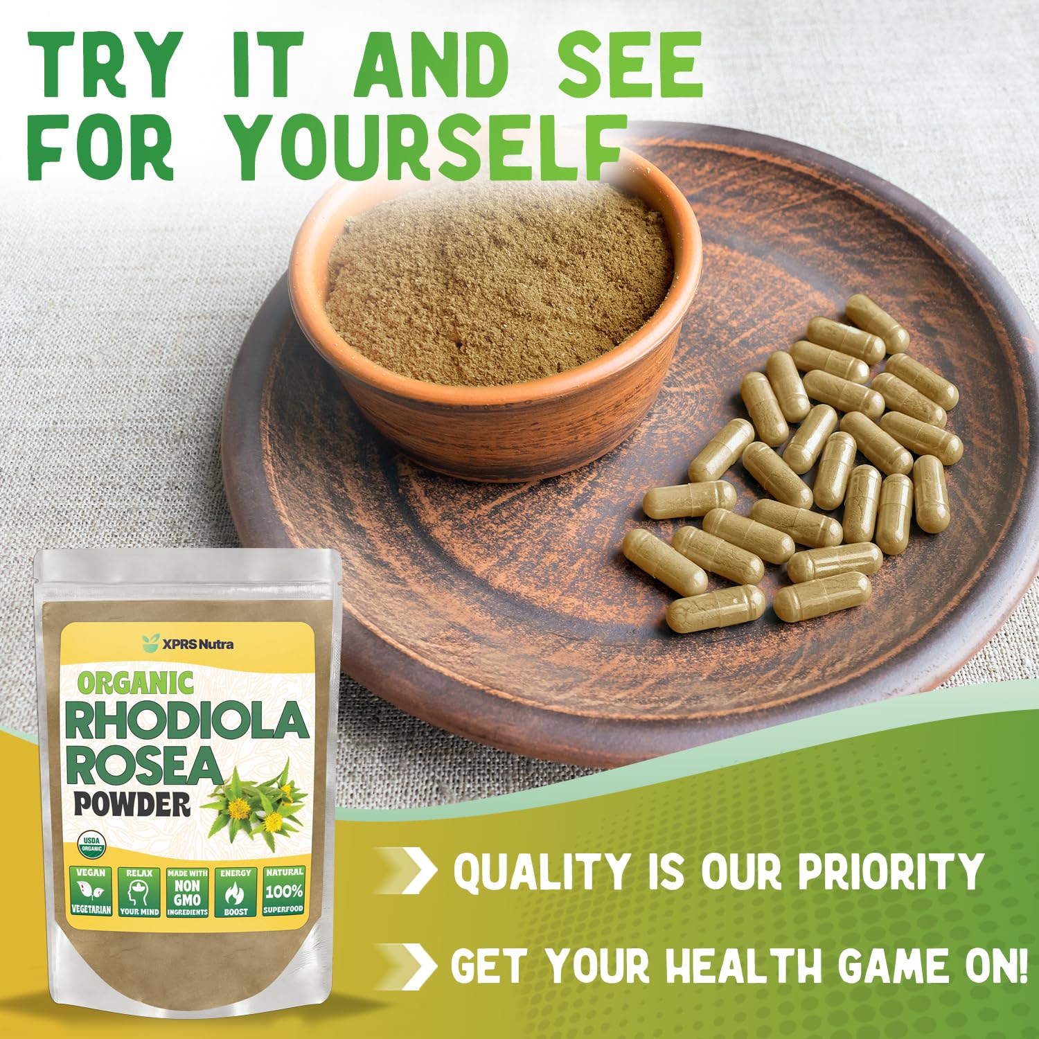 Close-up texture of Rhodiola Rosea powder with natural lighting