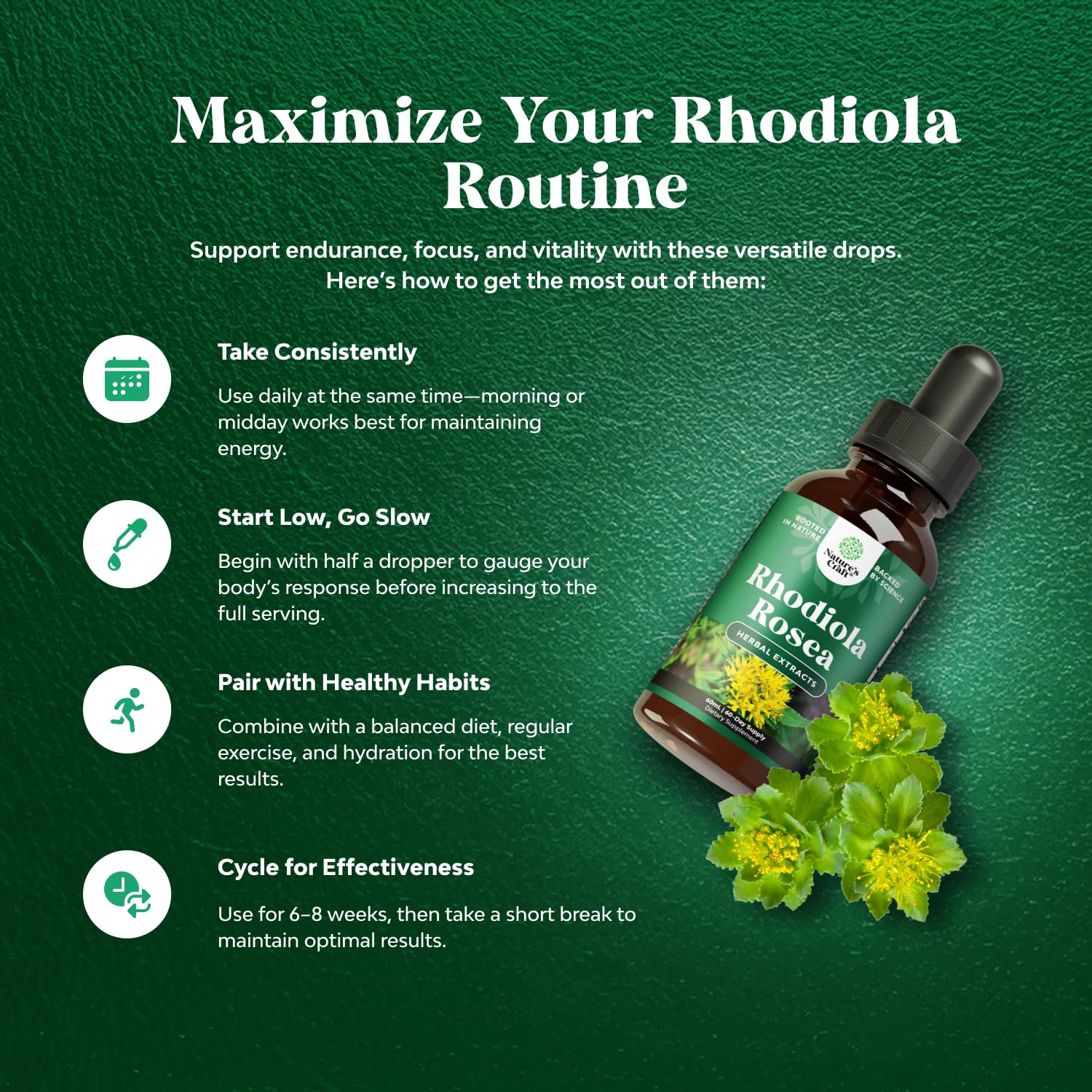 Alcohol-free glycerin-based Rhodiola tincture bottle