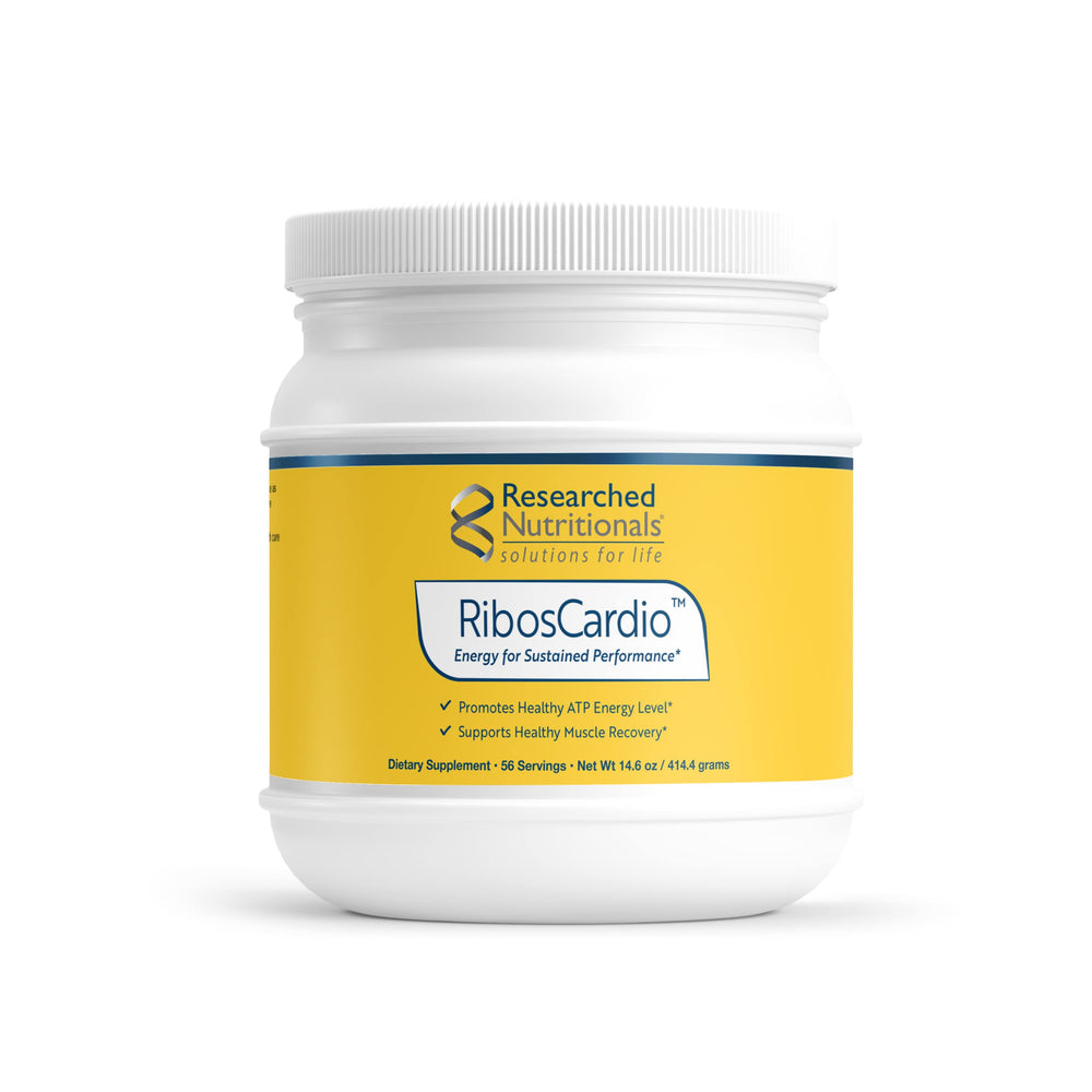 Front view of RibosCardio ATP Energy Powder packaging