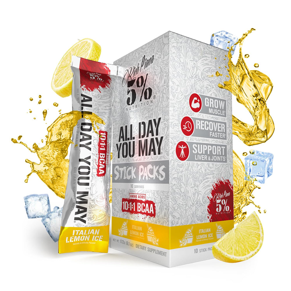 Rich Piana AllDayYouMay BCAA Powder tub in Italian Lemon Ice flavor