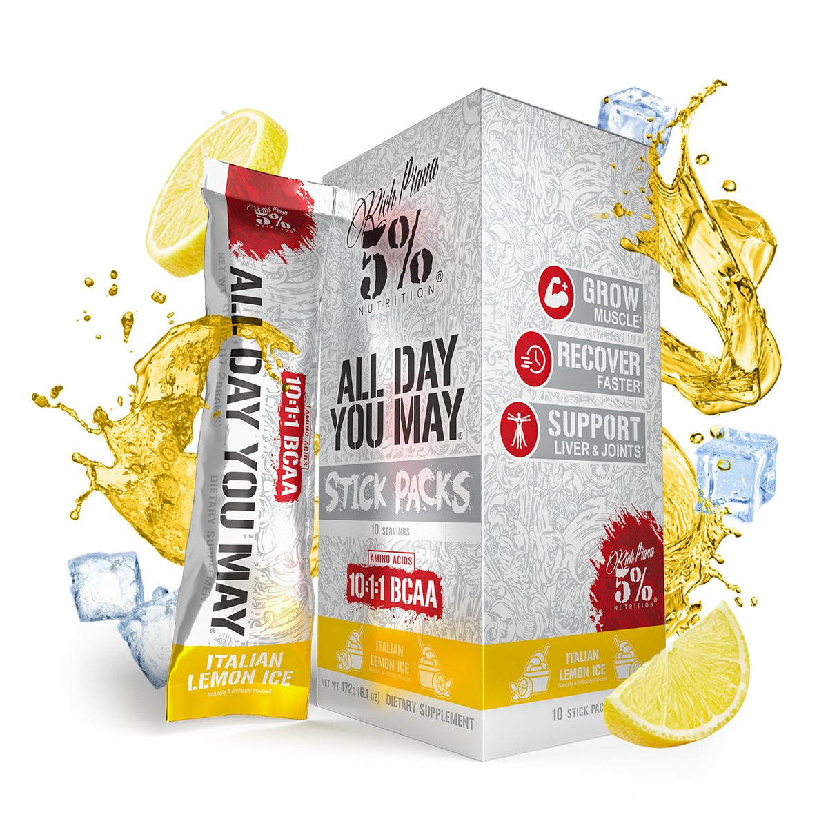 Rich Piana AllDayYouMay BCAA Powder tub in Italian Lemon Ice flavor