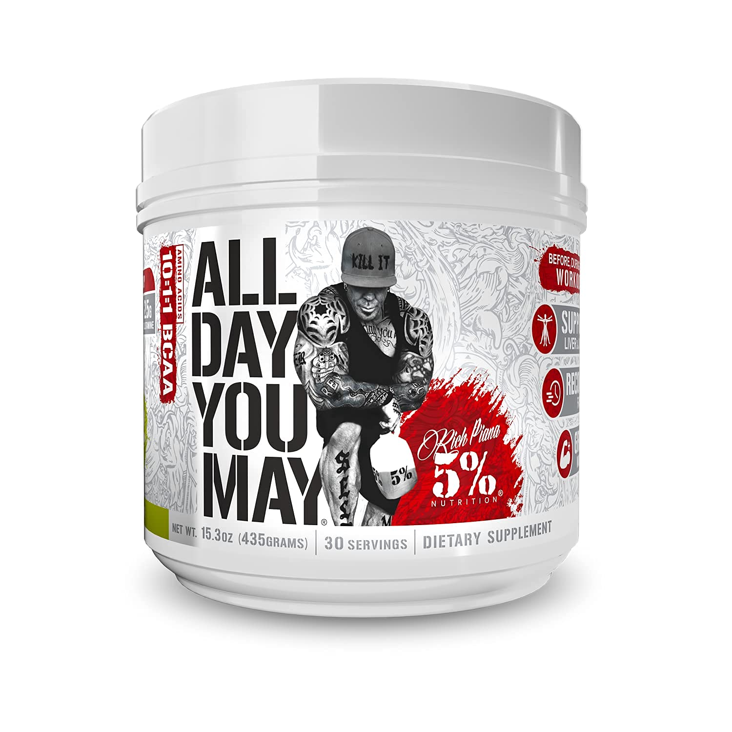 Container of Rich Piana AllDayYouMay BCAA powder Lemon Lime flavor