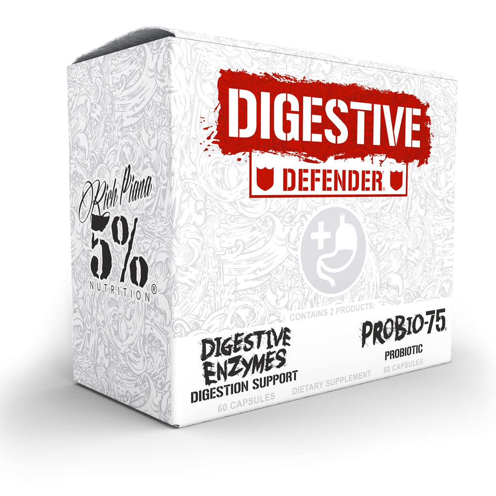 Bottle of Rich Piana Digestive Defender capsules with label visible