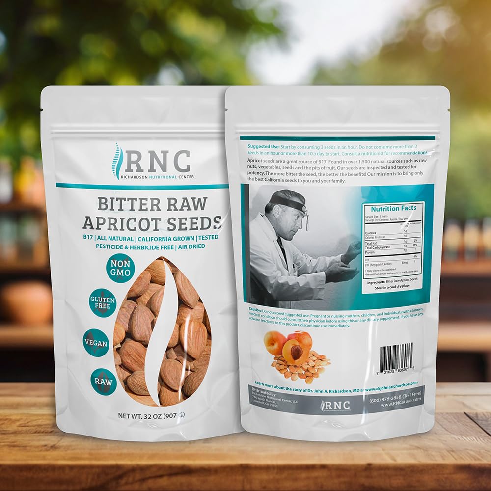 California-grown apricot seeds in bag, highlighting purity and freshness for mindful eating.