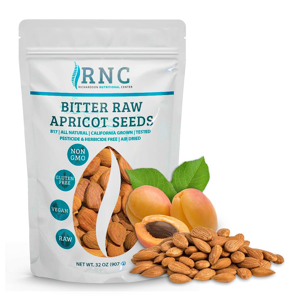 Richardson Nutritional Center fresh raw bitter apricot seeds packaging, premium California-grown kernels for daily use.