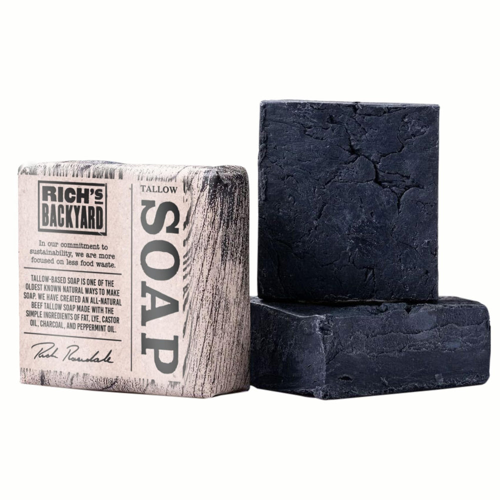 RICH'S BACKYARD beef tallow soap charcoal close-up for detoxifying cleanse