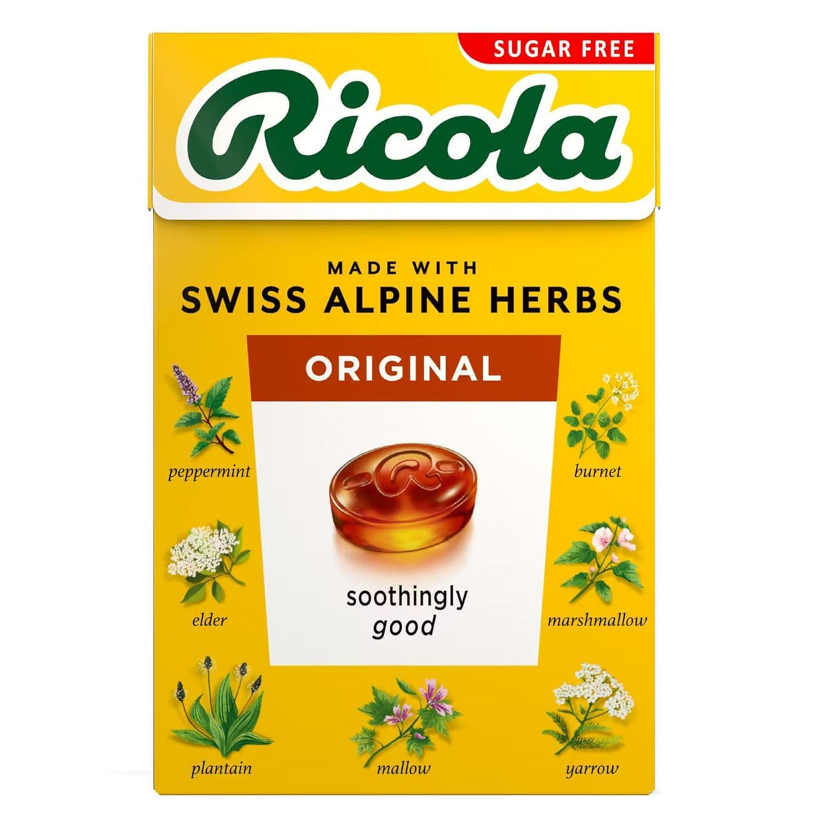 Front view of Ricola Sugar Free Herb with Stevia drops 45g pack of 10