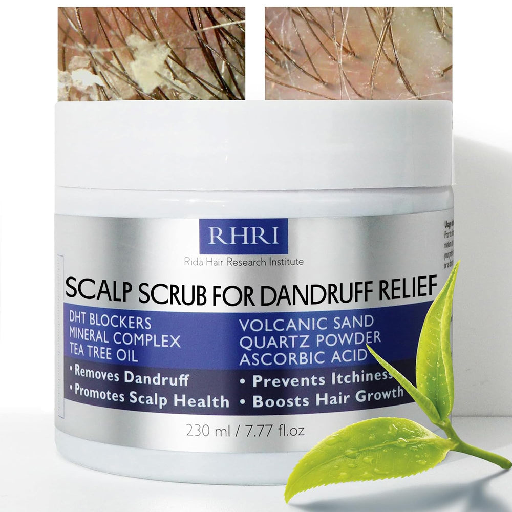 Rida Hair Anti Dandruff Scrub bottle on display highlighting scalp care benefits.
