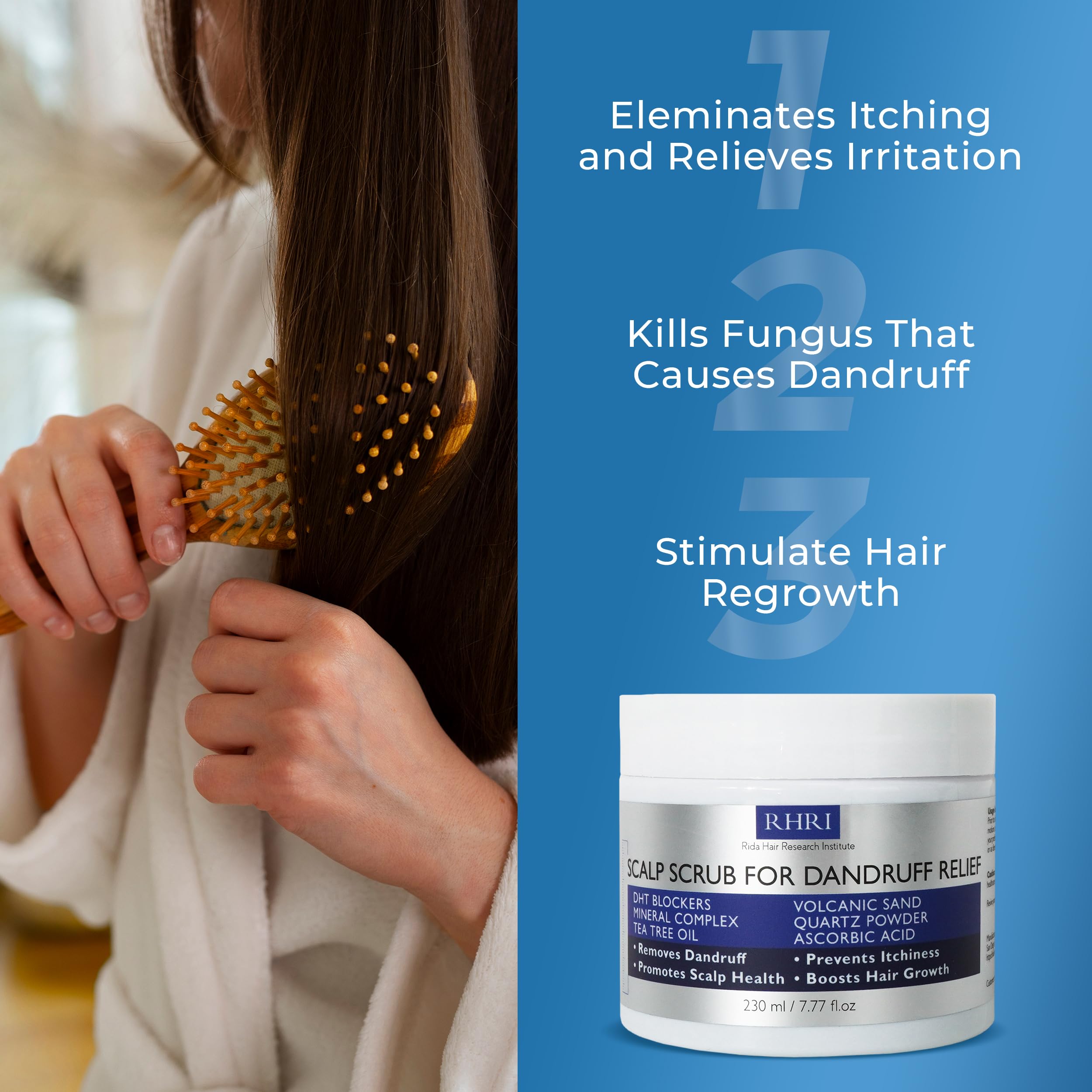 Rida Hair Scrub ingredients with mineral complex and tea tree oil.