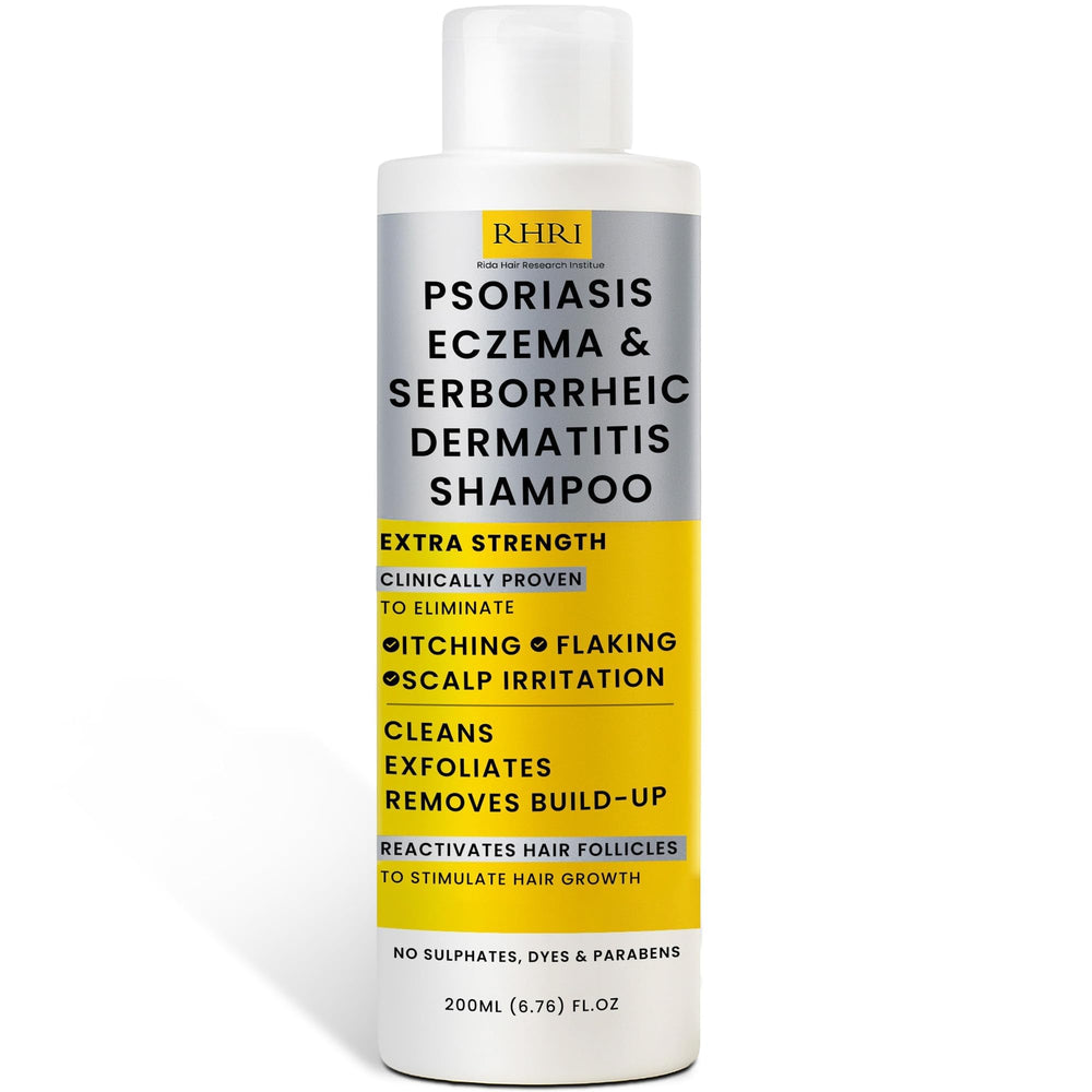 Rida Hair Research Institute antifungal psoriasis shampoo bottle for soothing itchy scalp relief.