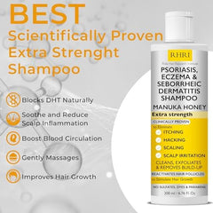 Rida Hair Research Institute antifungal psoriasis shampoo label shows Manuka Honey formula.