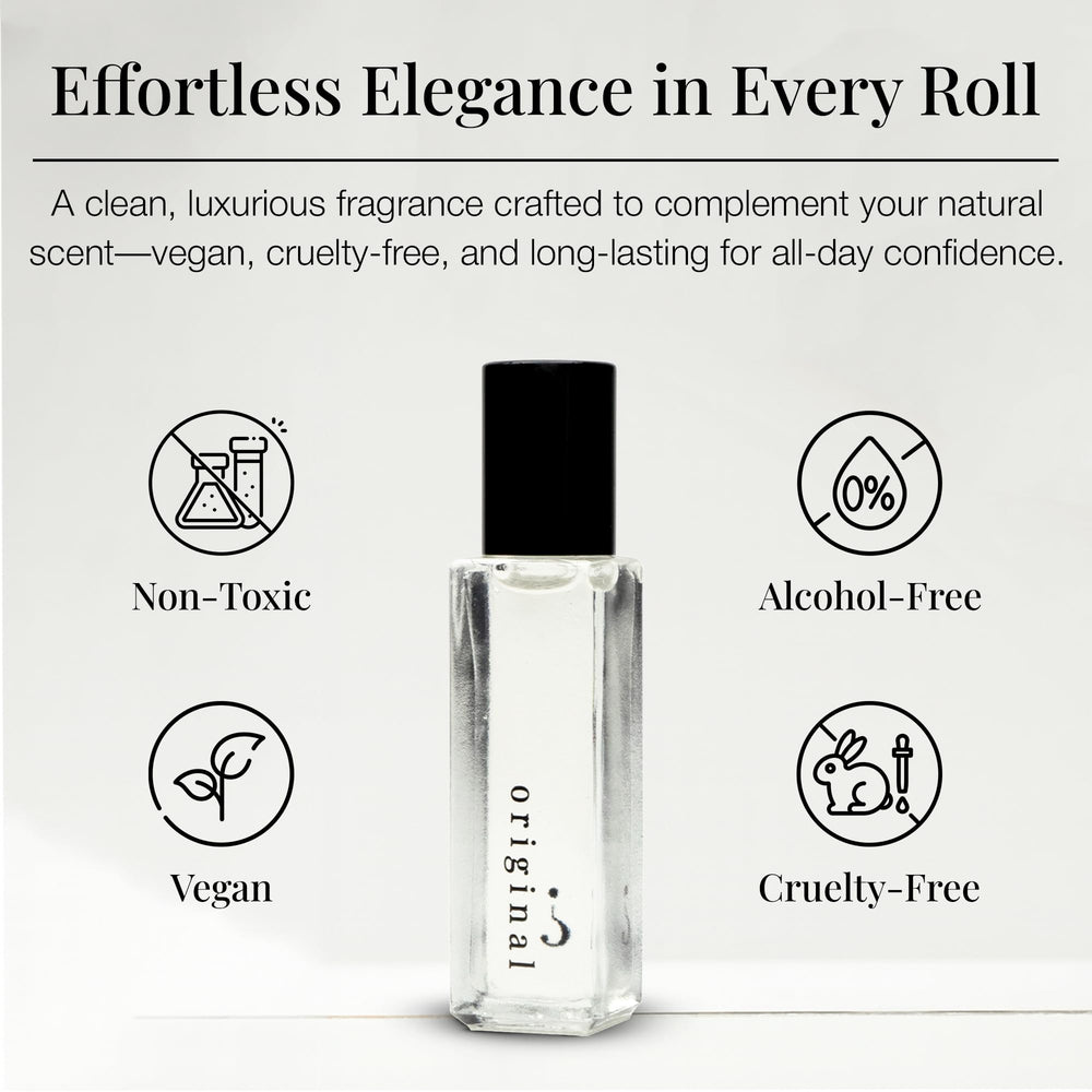Cruelty-free and alcohol-free badge on perfume bottle