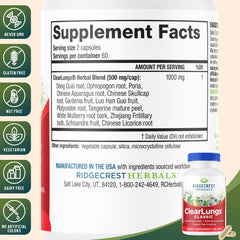 RidgeCrest ClearLungs Classic capsules close-up show natural ingredients